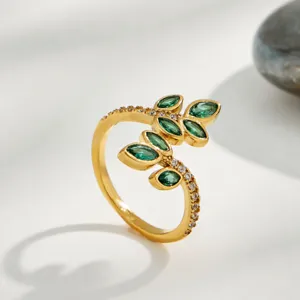 Gold plated green leaf open ring with sparkling cubic zirconia for women elegant jewelry