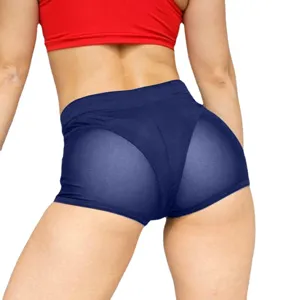 Plus size sexy high waist mesh patchwork tight elastic yoga sports hot shorts back view