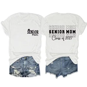 Women's casual short sleeve t-shirt with senior mom 2027 graduation print for daily wear.