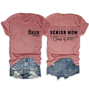 Casual heather pink senior mom class of 2027 graphic short sleeve round neck t-shirt detail