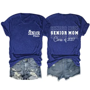 Senior mom class of 2027 t-shirt paired with denim shorts detail view showing front and back prints.