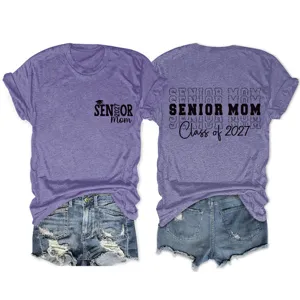 Close-up detail of the purple senior mom class of 2027 short sleeve casual t-shirt.