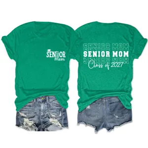 Detailed view of the green senior mom class of 2027 graphic t-shirt back and front.