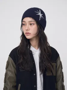 Gorro de punto estilo coreano para mujer, gorro de invierno azul marino con diseño de estrella.