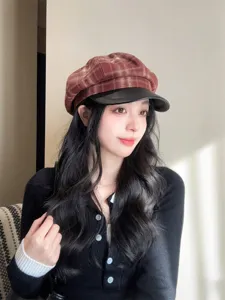 Detailed view of women retro plaid newsboy cap with leather brim autumn winter hat chic style.