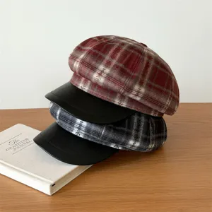 Stylish women plaid newsboy cap with leather brim retro beret hat for autumn winter