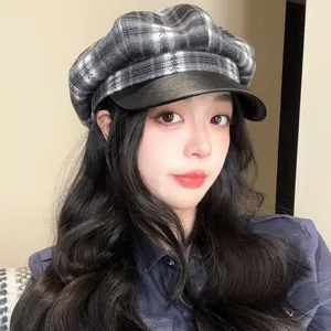Women Plaid Newsboy Cap Faux Leather Brim Retro British Style Octagonal Hat Checkered Baker Boy Painter Hat For Winter