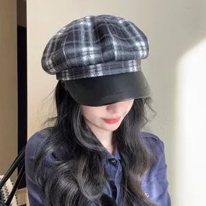 Stylish women plaid newsboy hat with black leather brim retro autumn winter octagonal cap