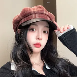Korean style plaid newsboy hat for women, autumn winter retro leather brim octagonal cap.