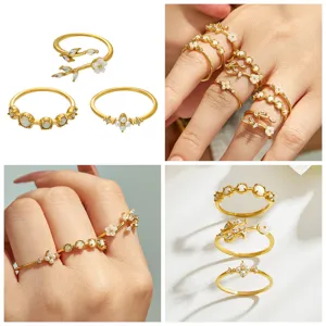 Elegant 3-piece ring set featuring floral and stone designs, perfect for daily wear and gifts.