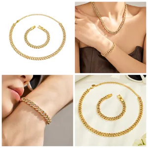 Detailed view of luxury gold plated stainless steel cubic zirconia cuban link necklace set.