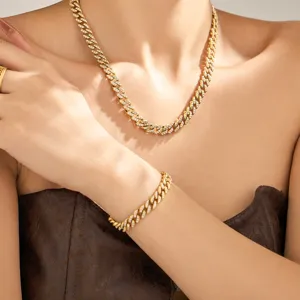 Stainless Steel Gold Plated Zirconia Cuban Chain Jewelry Set Minimalist Niche Choker Necklace And Bracelet For Women Jewelry Gift