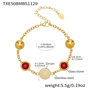 Stainless steel colorful circular glass stone zircon bracelet detail view and size guide