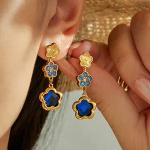French Vintage Stainless Steel Gold Plated Flower Earrings Bracelet Set Glass Zirconia Jewelry For Women Party Gift