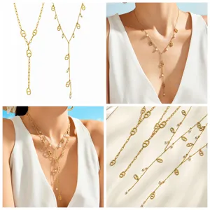 Chic Stainless Steel 18K Gold Plated Anchor Chain Y-Shape Pearl Tassel Necklace