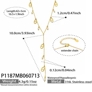 Stainless steel Y-shaped pearl necklace detail view showing length, dimensions, and clasp.