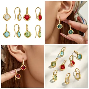 Elegant cushion-cut gemstone drop earrings with sparkling pavé hooks for daily wear style.