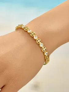 Goldener Edelstahl Klee Kristall Armband für Damen elegante Modeschmuck Accessoires