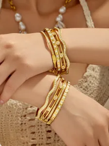 Elegant multi-layer stainless steel zirconia open bangles, chic European style jewelry for women.