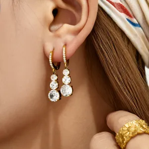 Gold plated 3-layer cubic zirconia drop earrings, elegant chic commuter daily wear jewelry.