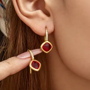 European American sparkling square red crystal zircon drop earrings, stainless steel chic jewelry.
