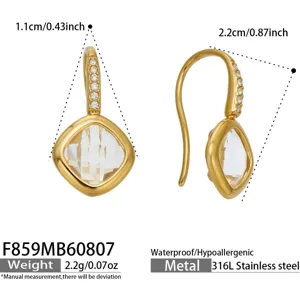 Gold stainless steel cushion cut stone drop earrings with zirconia pave hook and dimensions.