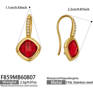 Detailed view of gold stainless steel red crystal drop earrings, showing precise dimensions and specifications.