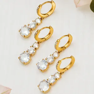 Gold plated triple cubic zirconia drop huggie earrings for women elegant daily wear jewelry