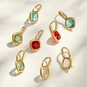 Colorful crystal drop earrings with sparkling zircon paved gold hoops for stylish women wear.