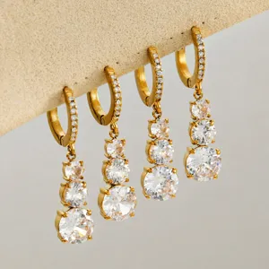 Detailed view of luxury gold plated hoop earrings featuring sparkling gradient cubic zirconia drops.