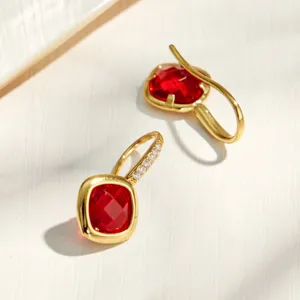 Close-up detail of red gemstone and cubic zirconia drop earrings in stainless steel.