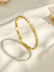 Gold Stainless Steel Bangle Bracelet with Square Zirconia Stones Elegant Jewelry