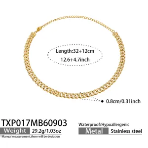 Gold stainless steel cuban link rhinestone choker necklace with adjustable length design.