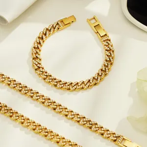 Gold iced out Cuban link chain bracelet for women men hip hop rhinestone jewelry gift