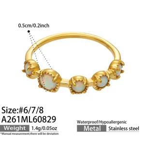 Gold stainless steel ring with opal stones detail view showcasing size and specs.