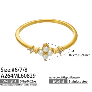 Stainless steel pearl flower ring with cubic zirconia, minimalist dainty floral finger jewelry for women.