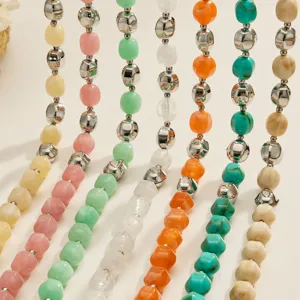 Colorful oval beaded stainless steel necklace detail, niche design fashion jewelry for women.
