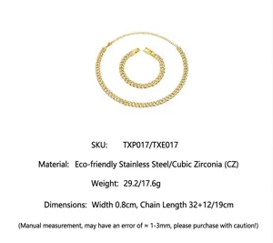Luxury gold stainless steel cubic zirconia cuban link necklace and bracelet set.