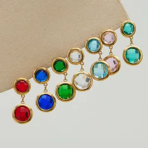 Stainless steel colorful round stone dangle earrings, fashion light luxury jewelry set for women.