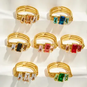 Multi-layer square zircon stainless steel gold plated ring set for women fashion jewelry