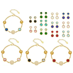 Stainless steel colorful crystal zircon bracelet and earrings jewelry set for women fashion