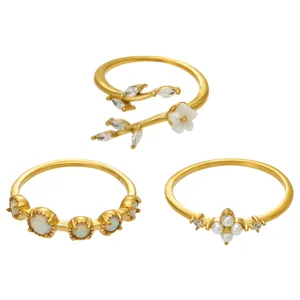 Cross-border fashion sweet floral stainless steel cubic zirconia ring three-piece set for women