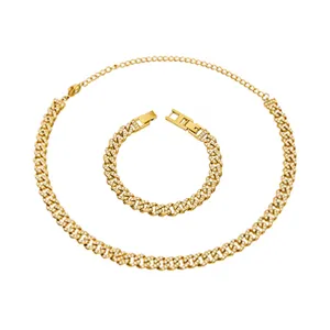 Luxury gold-plated stainless steel rhinestone Cuban link necklace and adjustable bracelet set.
