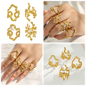 Detailed view of trendy irregular gold-plated stainless steel cubic zirconia ring set