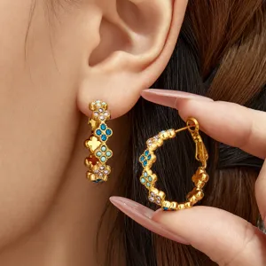 Pendientes de Trébol de Cuatro Hojas de Acero Inoxidable Circonia Lujo Ligero Circonita Colorida Retro Aros Geométricos Joyería Mujer Regalo
