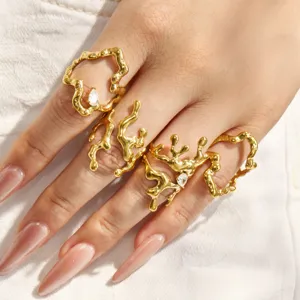 Irregular Melting Liquid Metal Open Rings For Women 316L Stainless Steel Gold Plated Zirconia Geometric Finger Ring Jewelry