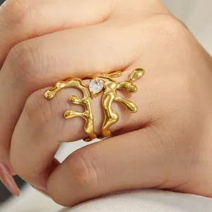 Gold plated irregular geometric double ring with pear cubic zirconia elegant hand jewelry