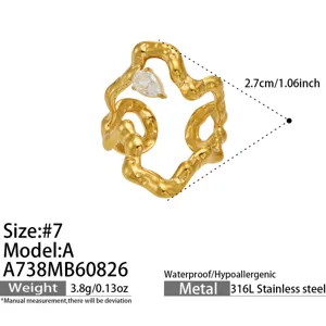 Irregular geometric gold plated stainless steel ring with cubic zirconia for women, size 7.