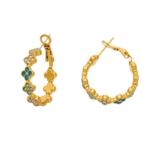 Pendientes de aro de trébol de cuatro hojas de circón oro joyería de lujo mujer