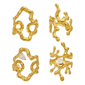 Gold plated stainless steel irregular geometric zircon rings set for women elegant jewelry.